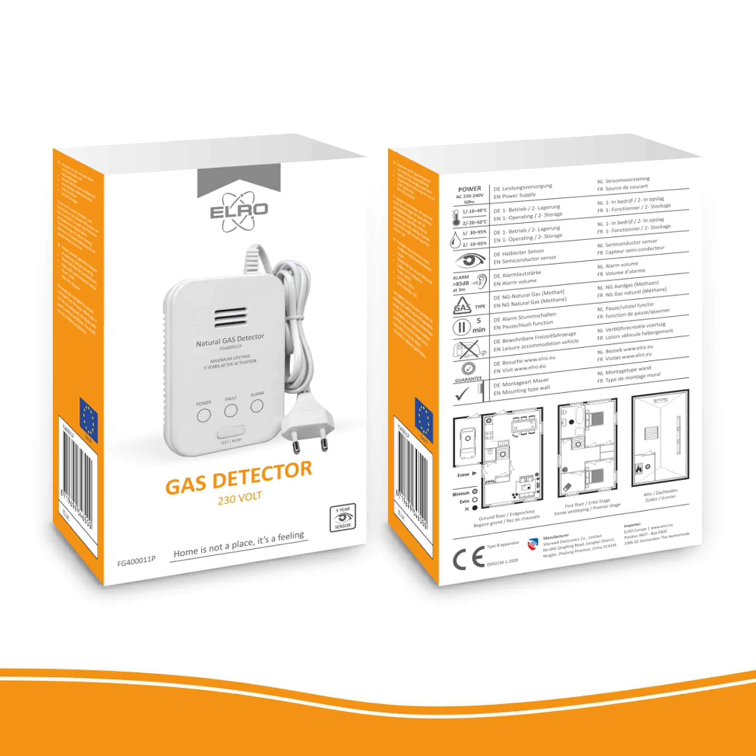 ELRO FG4000P Détecteur de gaz - Erdgas (Methan) - avec Bouton de Test - Détecteur de Fuite de gaz 230v - EN50194:2009