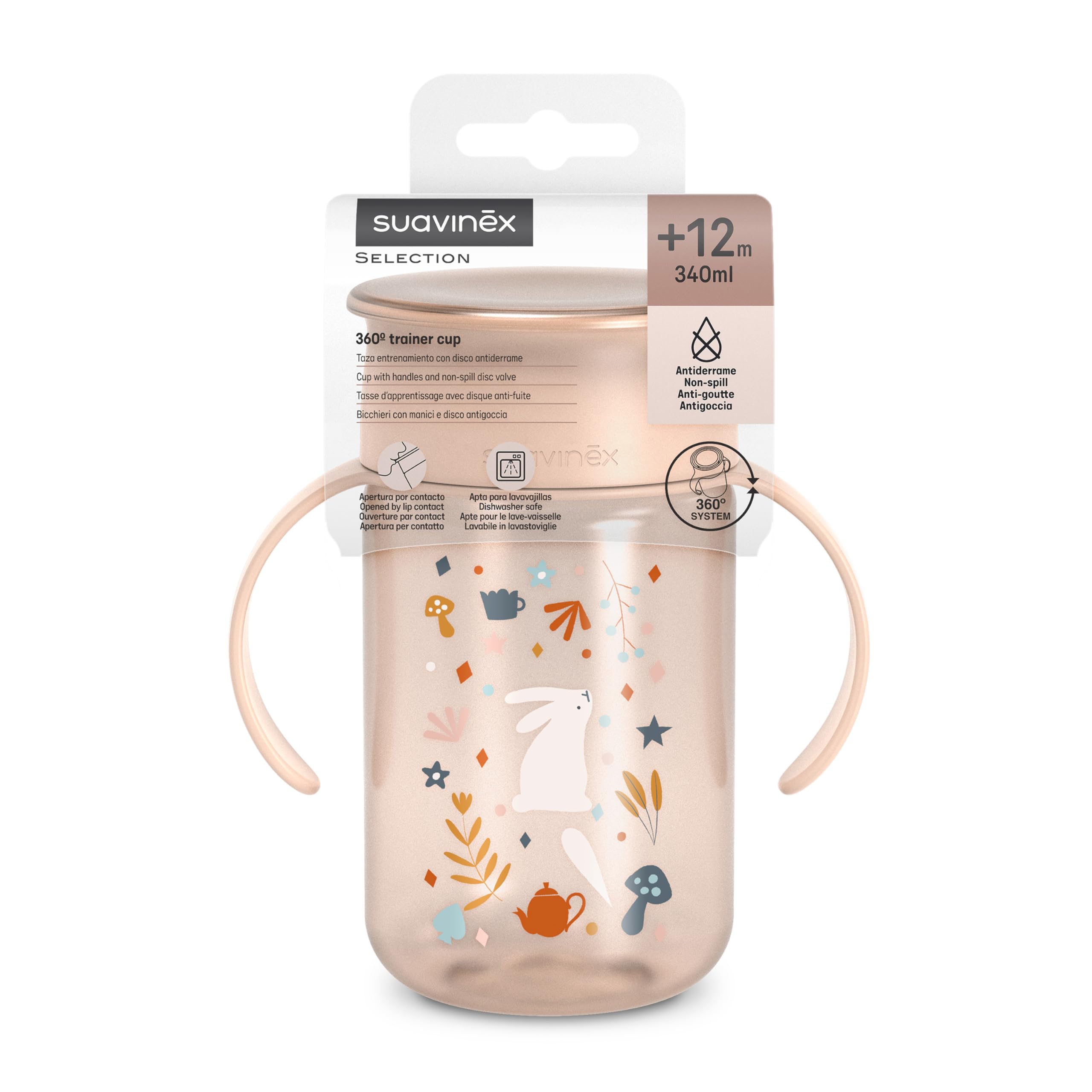 Suavinex, Tasse Apprentissage pour Bébé, avec Disque Anti-Fuite, Magic Cup Rebord Antifuite 360°, Anses Amovibles, Couvercle Hygiénique, Compatible Lave-Vaisselle, 340 ml, +12 Mois, Wonderland, Rose