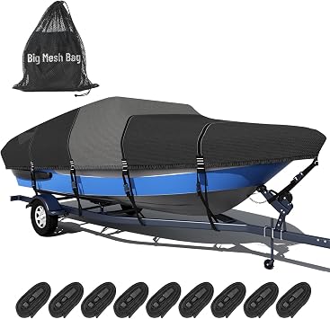 1600D + 1200D Boat Cover with 2" Wide Loops for Trailering and Mooring - Ultra Durable Waterproof Fits 14-16ft Tri-Hull, V-Hull, Runabout, Fish & Ski Boat, Bass Boat, with Storage Bag