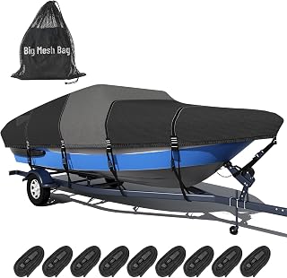 1600D + 1200D Boat Cover with 2" Wide Loops for Trailering and Mooring - Ultra Durable Waterproof Fits 14-16ft Tri-Hull, V-Hull, Runabout, Fish & Ski Boat, Bass Boat, with Storage Bag