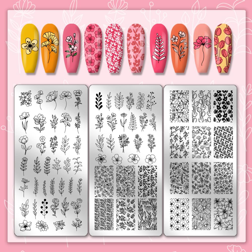 PH PandaHall 3 placas de estampado de uñas, 77 patrones de flores, hojas de flores, plantillas de arte de uñas, plantillas de arte de uñas de acero inoxidable, placas de imagen de uñas para mujer,