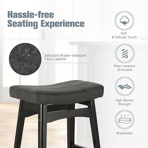 Miniatura 5 de Juego de 2 taburetes de bar de madera maciza color negro para taburetes de bar de altura de encimera de cocina con asiento de silla de montar de