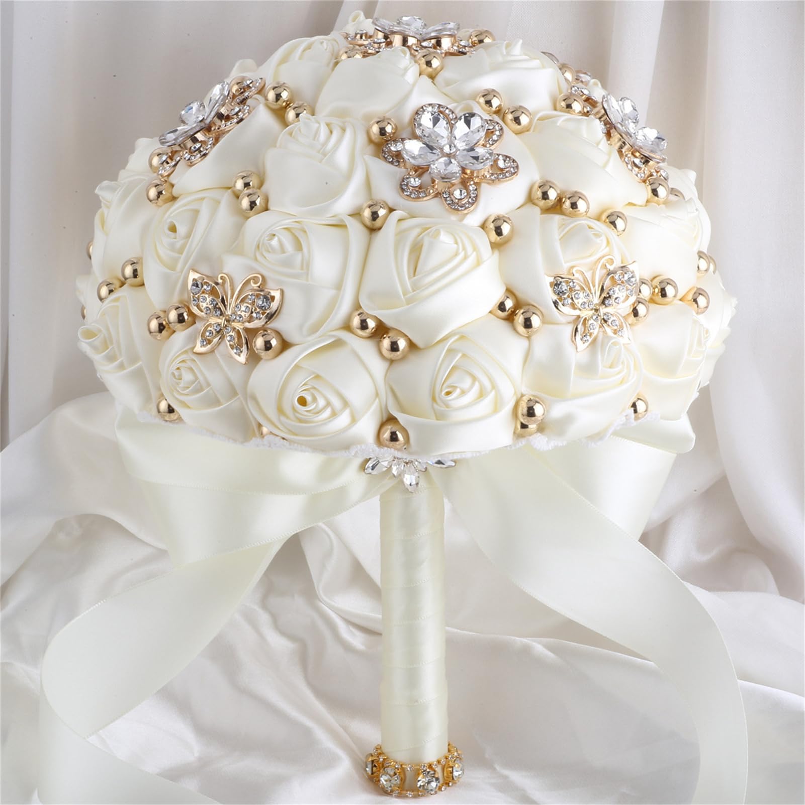 Ramo de rosas artificiales para novia, dama de honor, boda, quinceañera, ramo de rosas artificiales con broche brillante (66#marfil, grande (24 cm de diámetro)