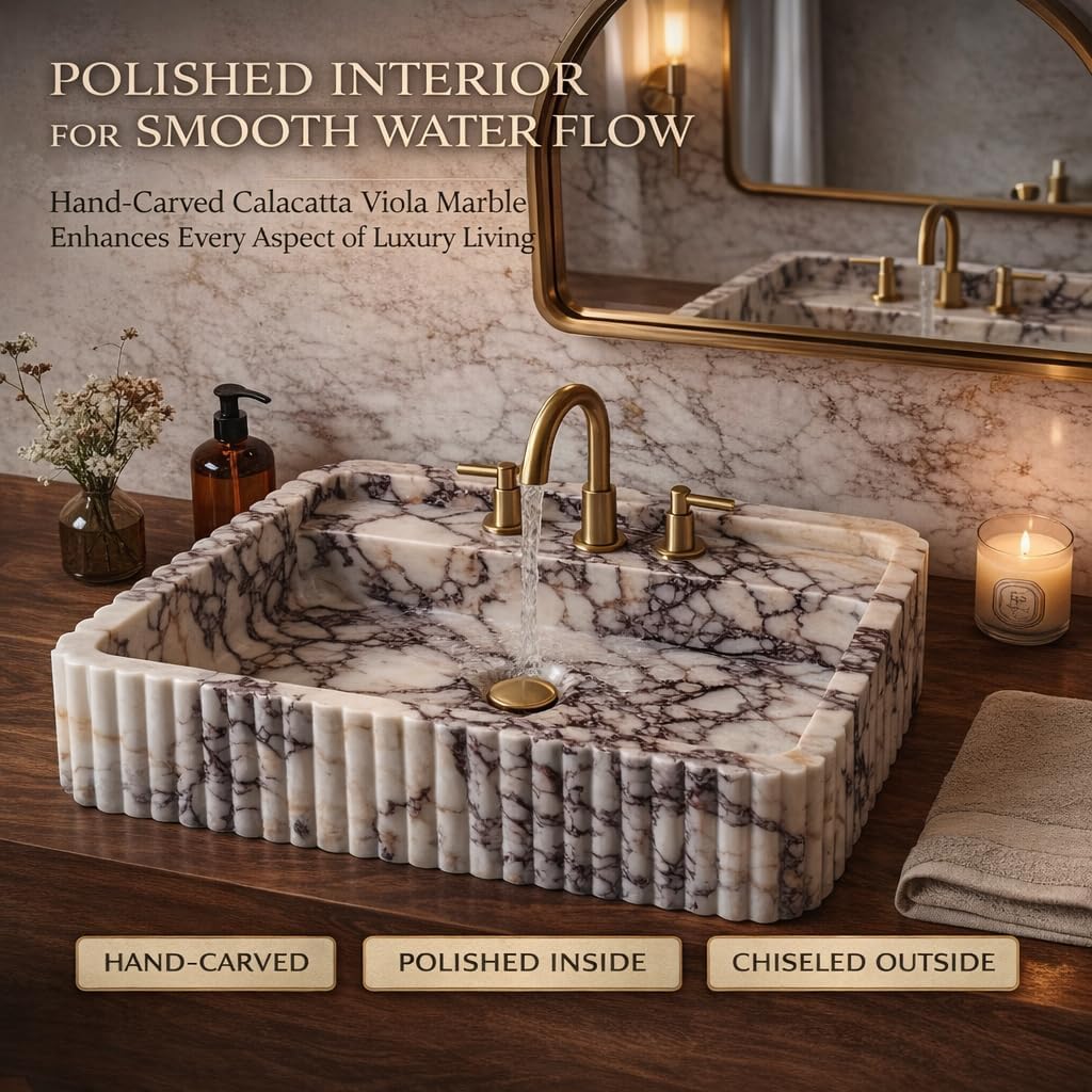 Calacatta Viola Marble Sink – Hand-Carved Floating Stone Basin | Custom Size Vessel Sink | Wall-Mounted or Vanity Top Sink | Bathroom, Powder Room Basin & Farmhouse Kitchen Sink
