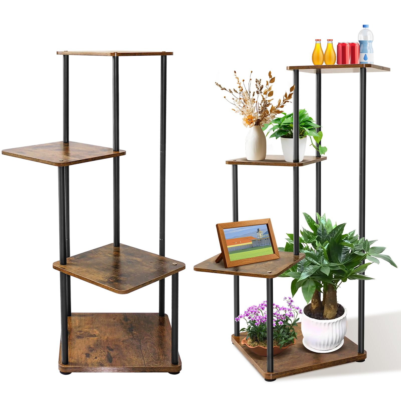 4 Tier Wood Plant Stand Indoor Outdoor 53x30x80.5cm Sturdy Corner Shelf Plant Stand for Multiple Indoor Plants, Flower Stands Indoor Living Room, Metal Wood Plants Holder Rack, Black