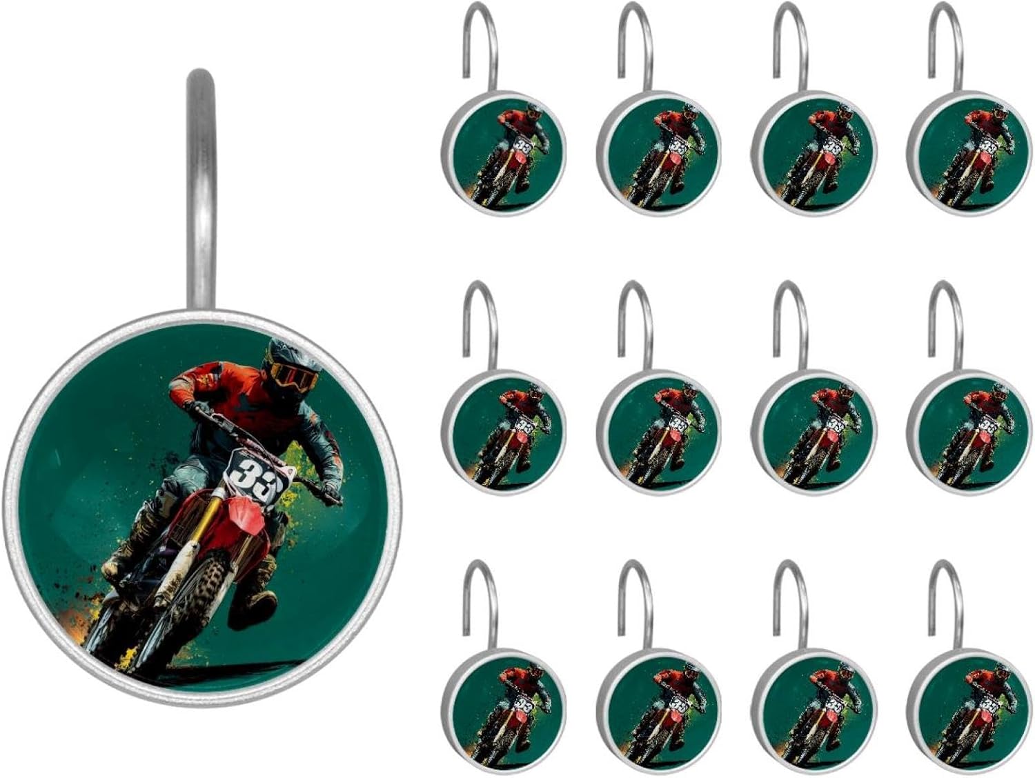 Motorcycle Motocross Motorbike (7) Rolling Shower Curtain Hooks,Clear Crystal Glass Art Decorative Stainless Bath Bathroom Set 12 Pcs