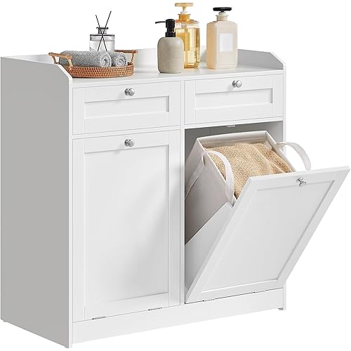 VASAGLE Laundry Cabinet with Tilt-Out Basket, Freestanding Storage Unit with Drawer and Laundry Hamper, for Bathroom, Living Room, 15.8 x 31.1 x 31.5 Inches, Cloud White UBBC751W01