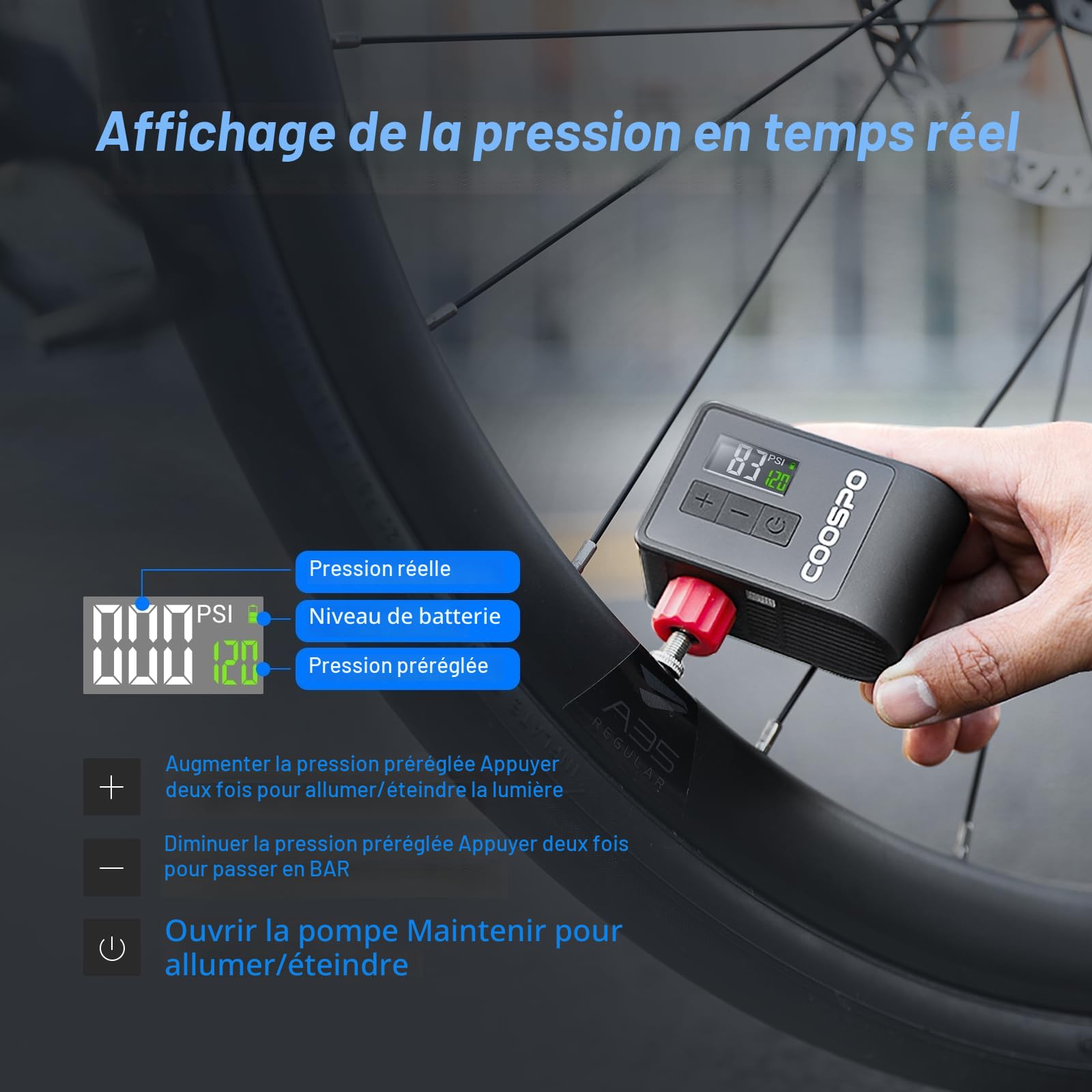 CooSpo Pompe à Velo Electrique, Mini Pompe Portable, Max 120 PSI avec Valves Presta Schrader