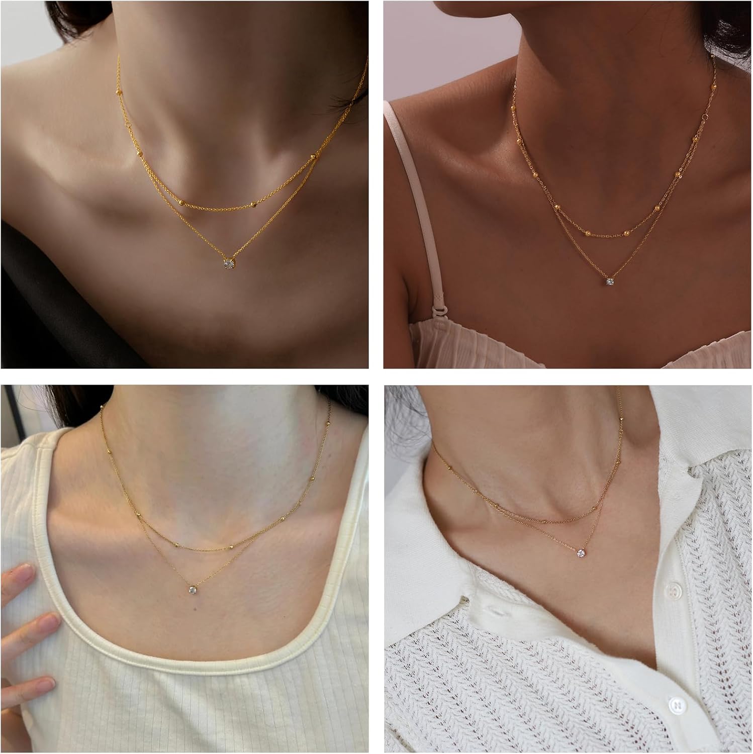 Double-Layer Cubic Zirconia Pendant Necklace For Women 18K Gold Plated Cubic Zirconia Necklaces Layered Wearing Gold Chains Dainty Chokers - Image 3