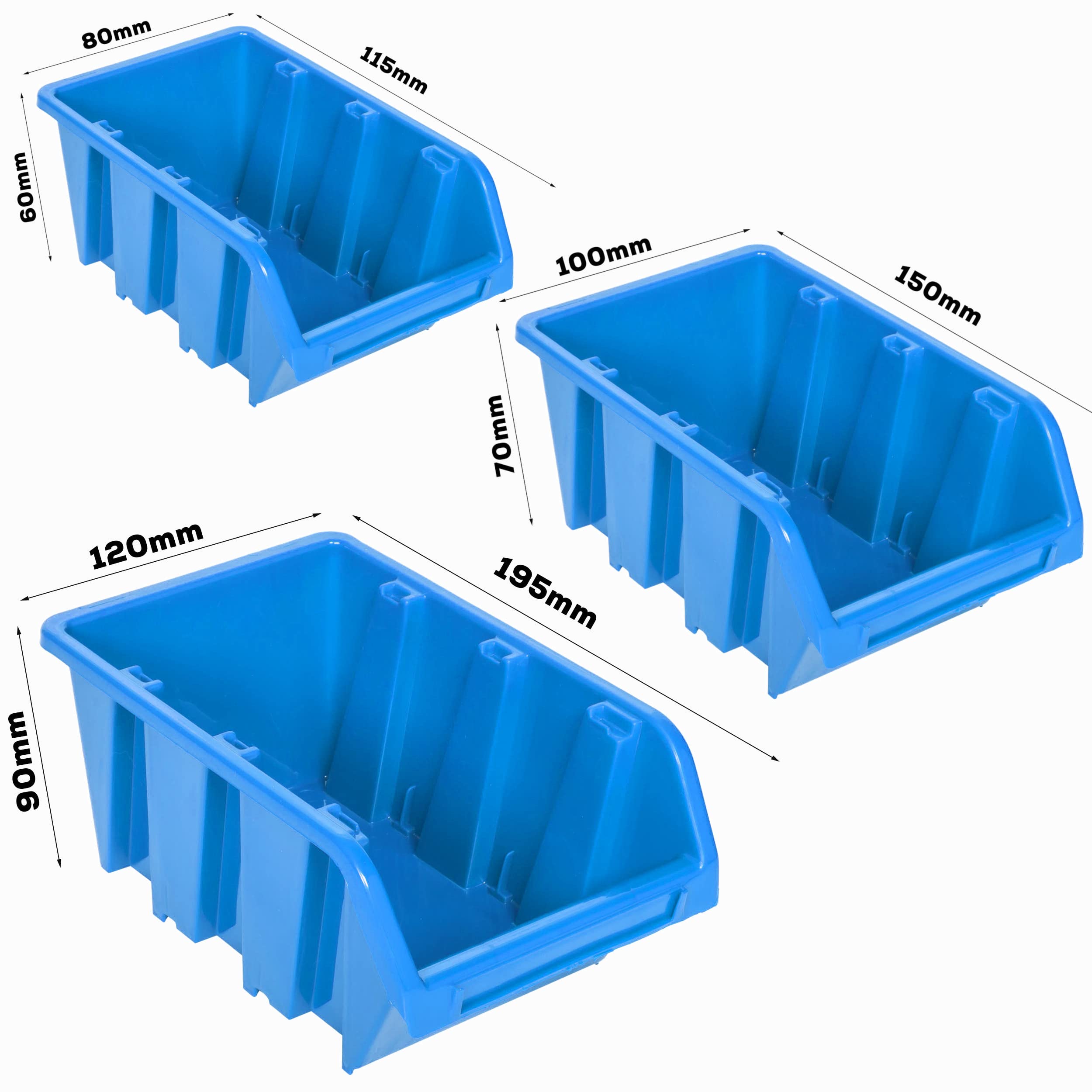 botle 33 scatole impilabili da parete, in plastica, porta attrezzi da muro 117 x 78 cm, per magazzino, scaffale porta attrezzi da lavoro, contenitori per garage blu