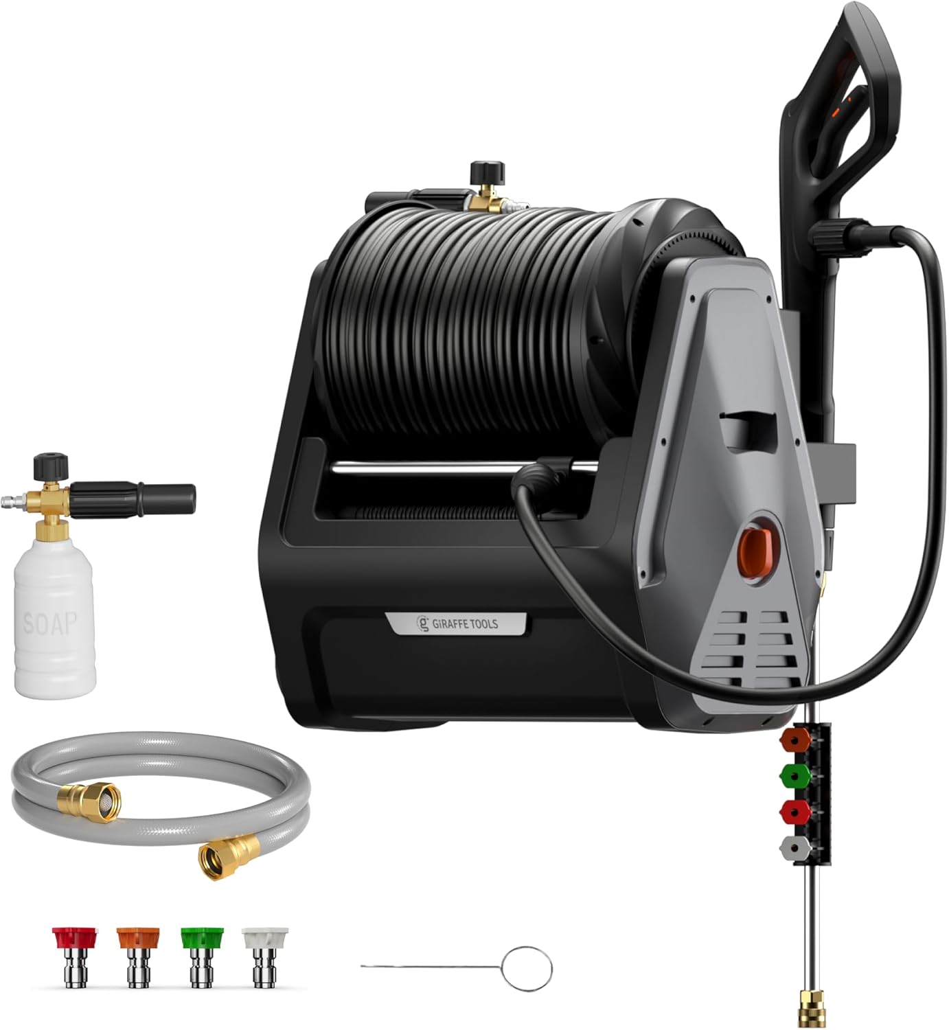 Giraffe Tools Grandfalls Pressure Washer, Electric Wall Mount Power Washer with 100FT Retractable Pressure Hoses, 2900PSI, 2.2GPM, 4 Nozzles, Foam Cannon for Cars/Patios, Dark Silver