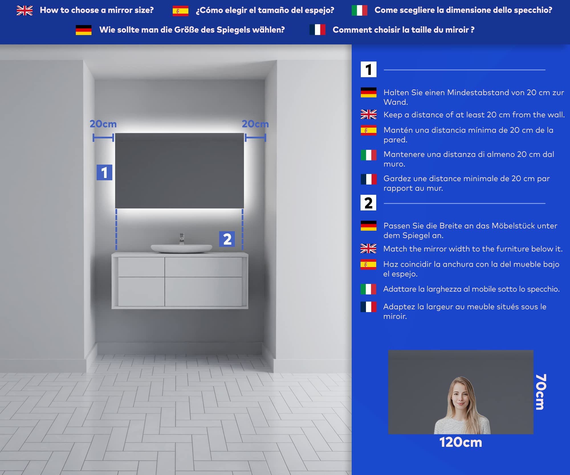 FORAM Badspiegel mit Beleuchtung - Led Spiegel Bad - 120x70 - Badezimmerspiegel Nach Maß - auf Individuelle Bestellung Gefertigt - Modernes Design - Ohne Rahmen
