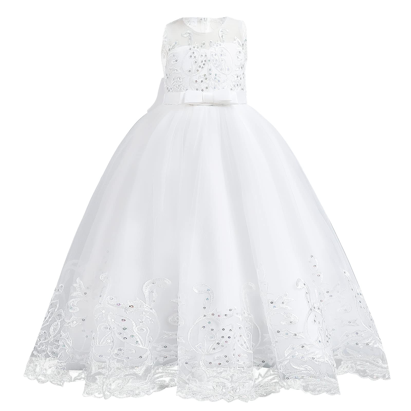 Flower Girl Lace Dress for Kids Wedding Bridesmaid Pageant Party Formal Long Gown Princess Communion Tulle Bow Dresses