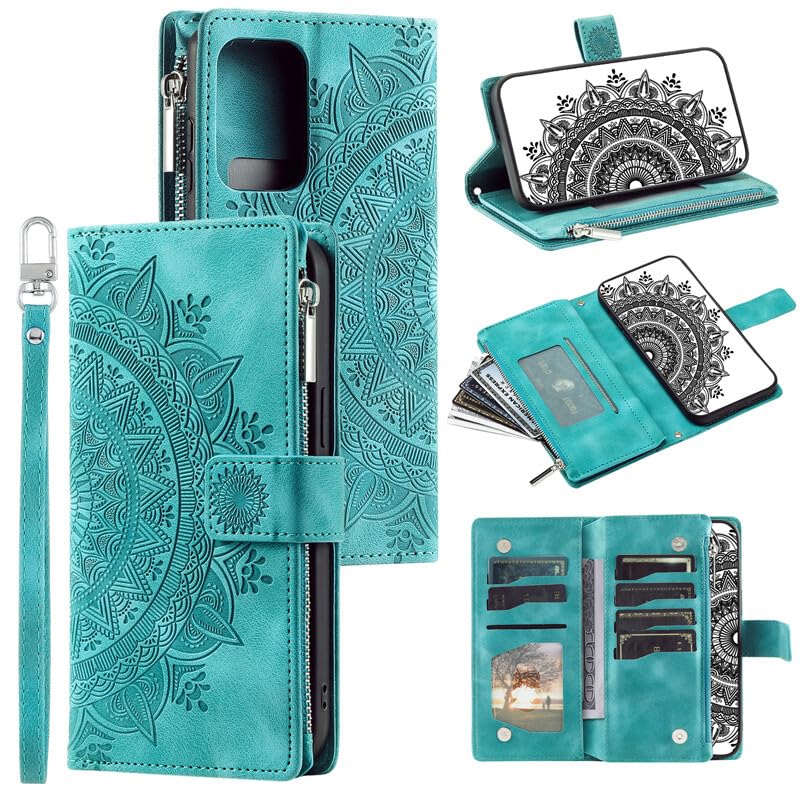 Étui portefeuille Galaxy A23 en cuir vert à motif floral avec fermeture zippée