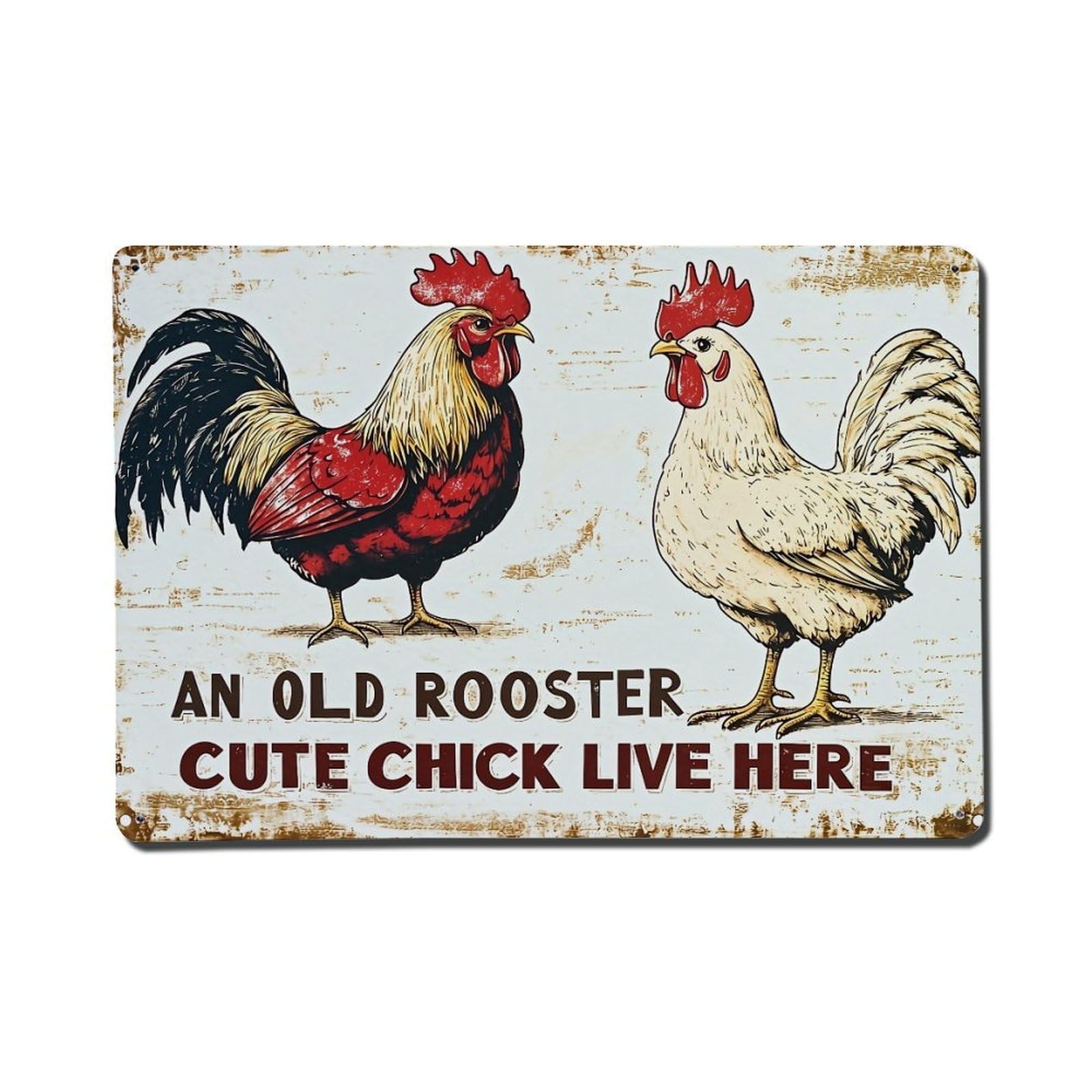 Jdfenggu Vintage Rooster And Hen Illustration Print Retro Metal Tin Sign, Metal Poster For Bar, Home, Man Cave, Kitchen, Laundry Room Art Decor 8X12 Inch