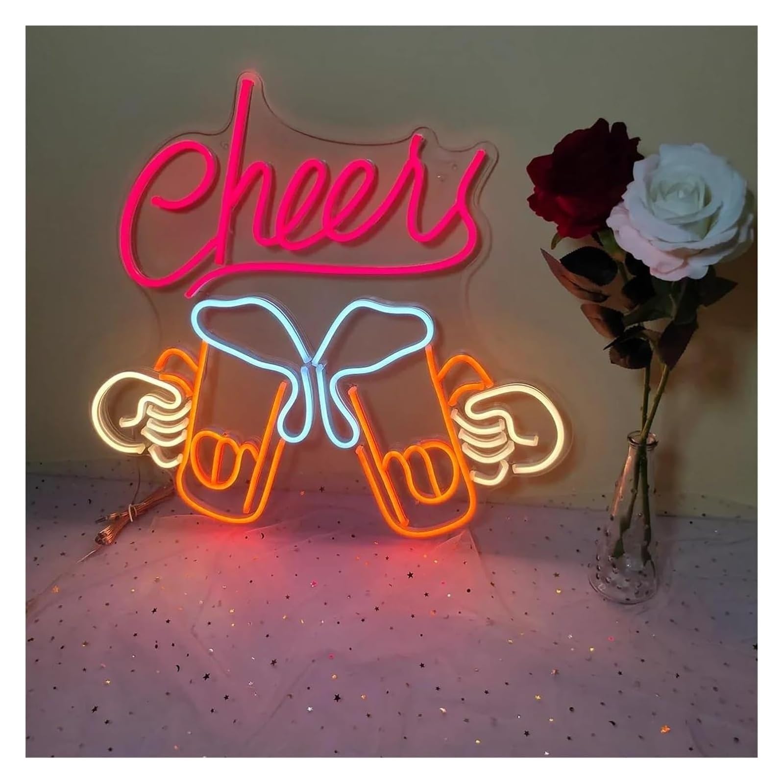 Neonowa lampa z napisem „Soothing Atmosphere Lamp” z napisem „Cheers”, z regulacją jasności, odpowiednia do baru piwnego (33 cm x 35 cm)