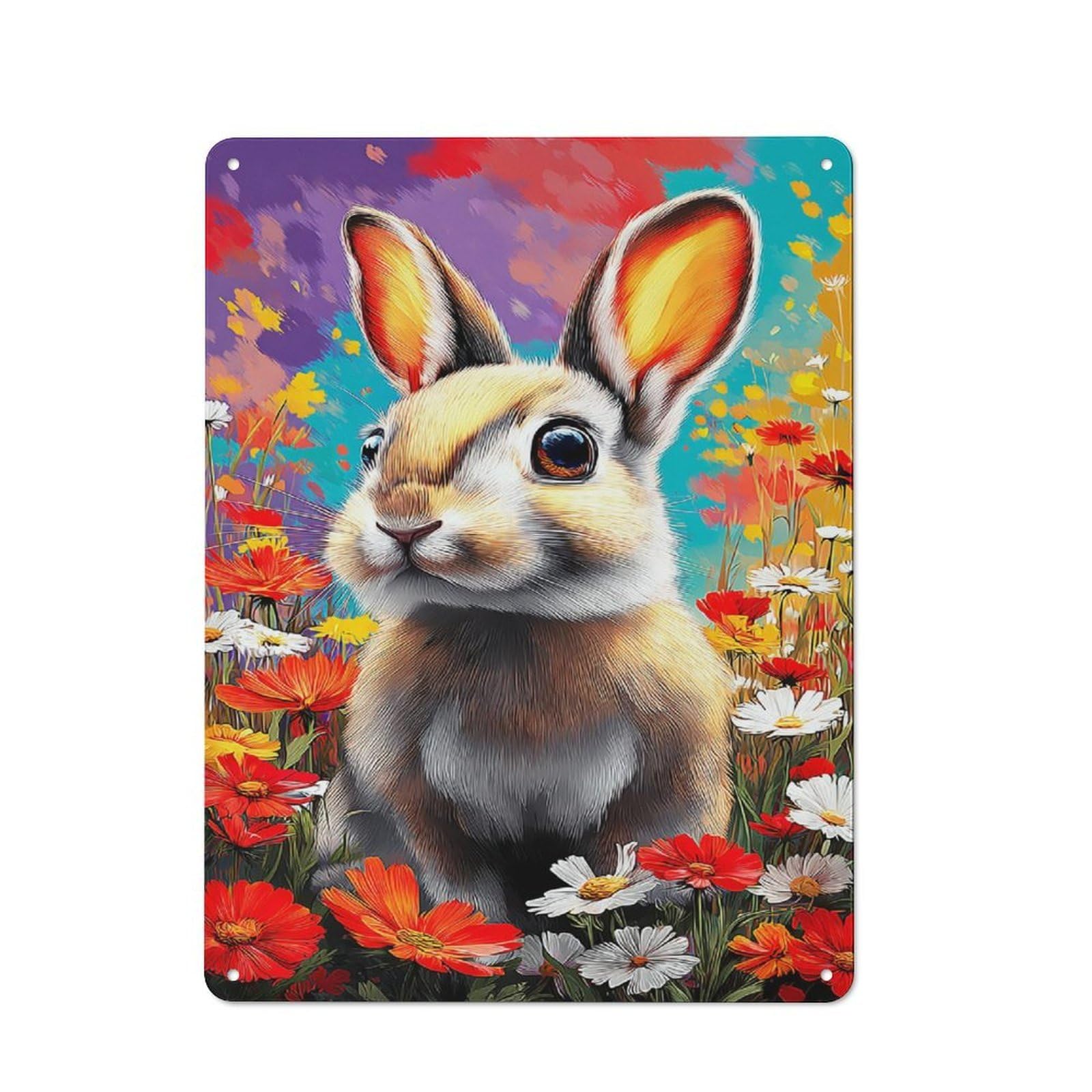 Junmoney Rabbit In A Field Of Flowers Retro Metal Plaque 40X30cm For Lounge Or Reading Corner, Suited To Lounge Decor Fans