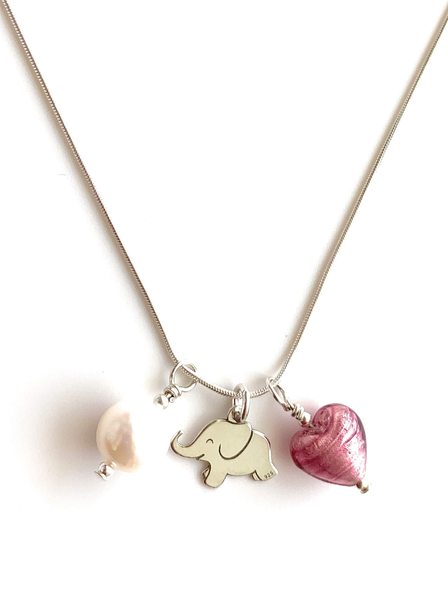 HandmadeDiana Ingram three charm necklace in Sterling Silver with rose pink (cerise, fuchsia) Murano glass heart, elephant, white pearl and snake chain