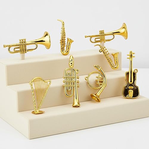 Miniatura 7 de Juego de mini instrumentos musicales en miniatura, adornos dorados para árbol de Navidad, colección de mini instrumentos con guitarra pequeña,