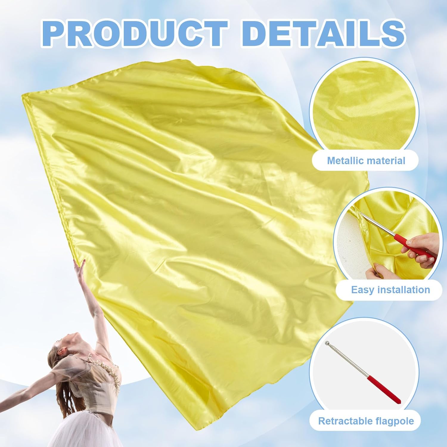 Jetec 2 Pcs 74"x55" Worship Flags for Dance Church Praise Dance Flag with Flexible Rod Semicircle Angel Wing for Outdoor Stage Performance Religious Activities(Gold,Solid Color)