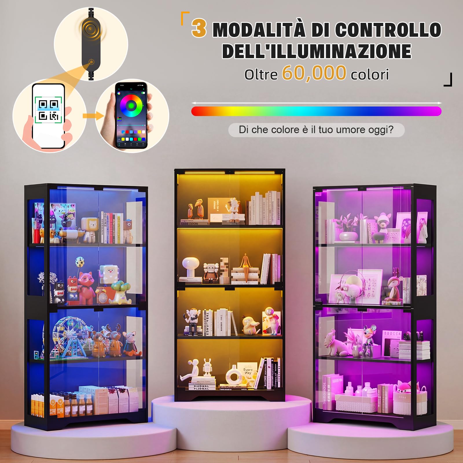 JUMMICO Vetrina in vetro con illuminazione LED colorata effetti luminosi dinamici da parete per figure in piedi legno vetrina in vetro per oggetti da collezione 4 livelli, nero, 80 x 35 x 165,5(H) cm