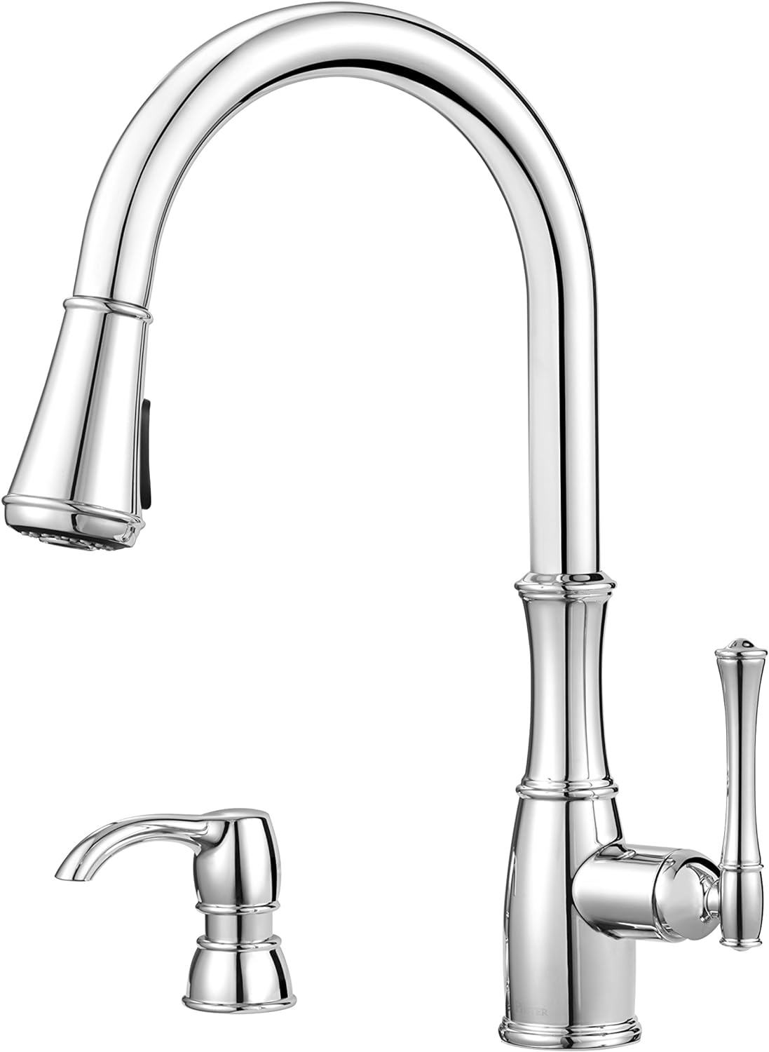 Pfister Wheaton Kitchen Faucet with Pull Down Sprayer and Soap Dispenser, Single Handle, High Arc, Polished Chrome Finish, GT529WH1C