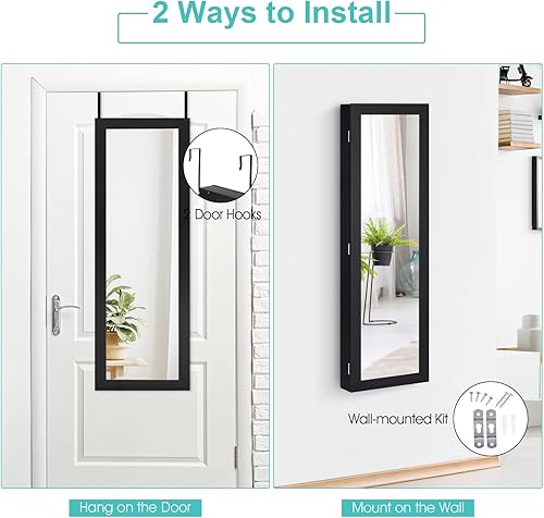 Miniatura 5 de COSTWAY Armario de joyería de espejo de longitud completa organizador de joyas montado en la puerta de pared con espejo de maquillaje ranuras para