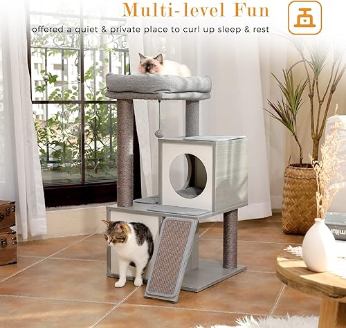 Miniatura 4 de PAWZ Road Árbol para gatos, torre de madera para gatos de 35 pulgadas con condominios dobles, percha espaciosa, postes de sisal rascadores