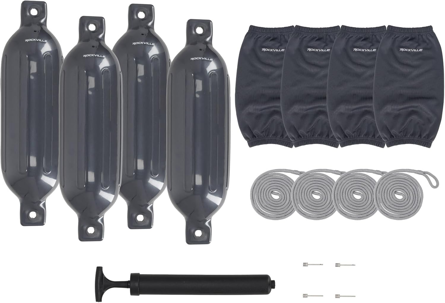 Rockville Boat Fender Package 6.5in x 23in Marine Boat Bumpers with Fender Covers, Dock Lines & Pump for Docking and Boat Protection