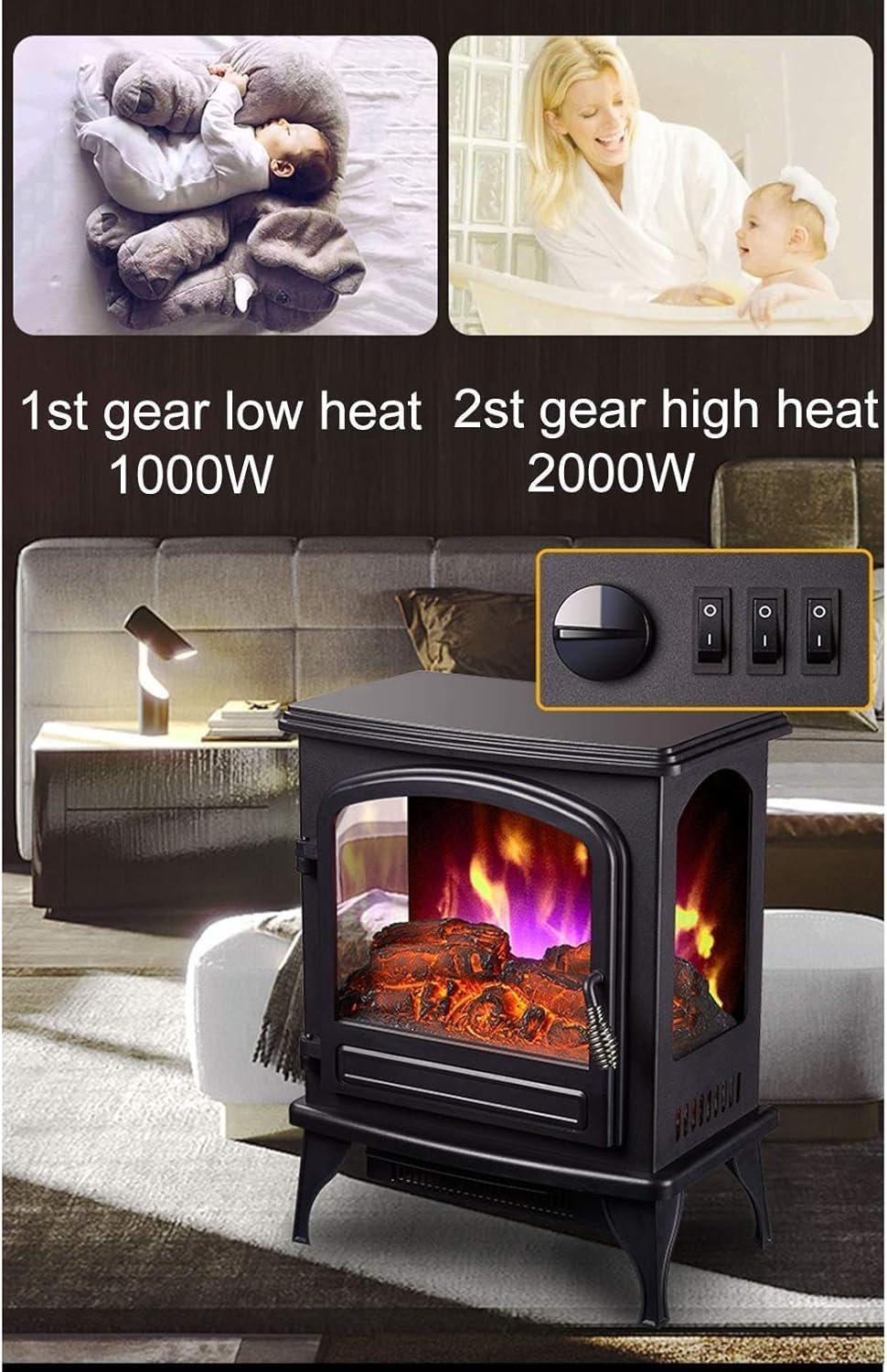Electric Fireplace, Freestanding Fireplace Electric Stove Fireplaces,Electric Fireplace Heater,Log Burner Flame Effect Electric Fireplace Stove Heater1000/2000W Electric Fireplace Stove Heater