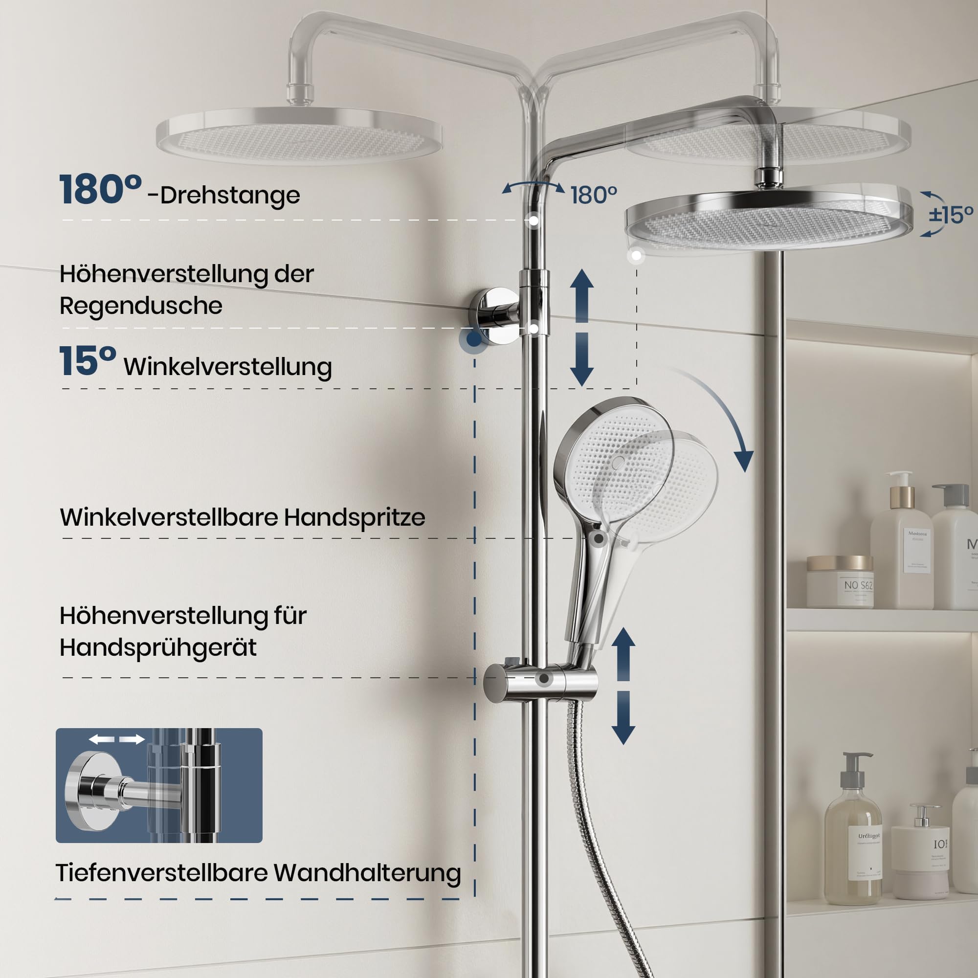 Duschsystem mit Thermostat Chrom, Duscharmatur Komplettset mit 3 Strahlarten Handbrause & 26cm Rund Kopfbrause, Höhenverstellbarer Duschstange, 150cm Schlauch, Regendusche mit Armatur