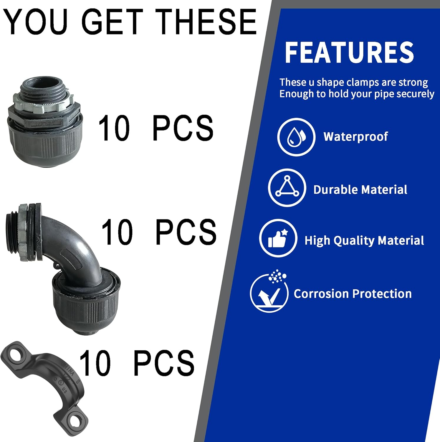(1/2" Conduit Parts 30 Pack) Yariwiz 1/2 Black Special Extra Flexible Plastic Liquid Tight Conduit Connector Kit, Include 10 Conduit Couplings, 10 Conduit 90 Degree Elbows, 10 Conduit Strap