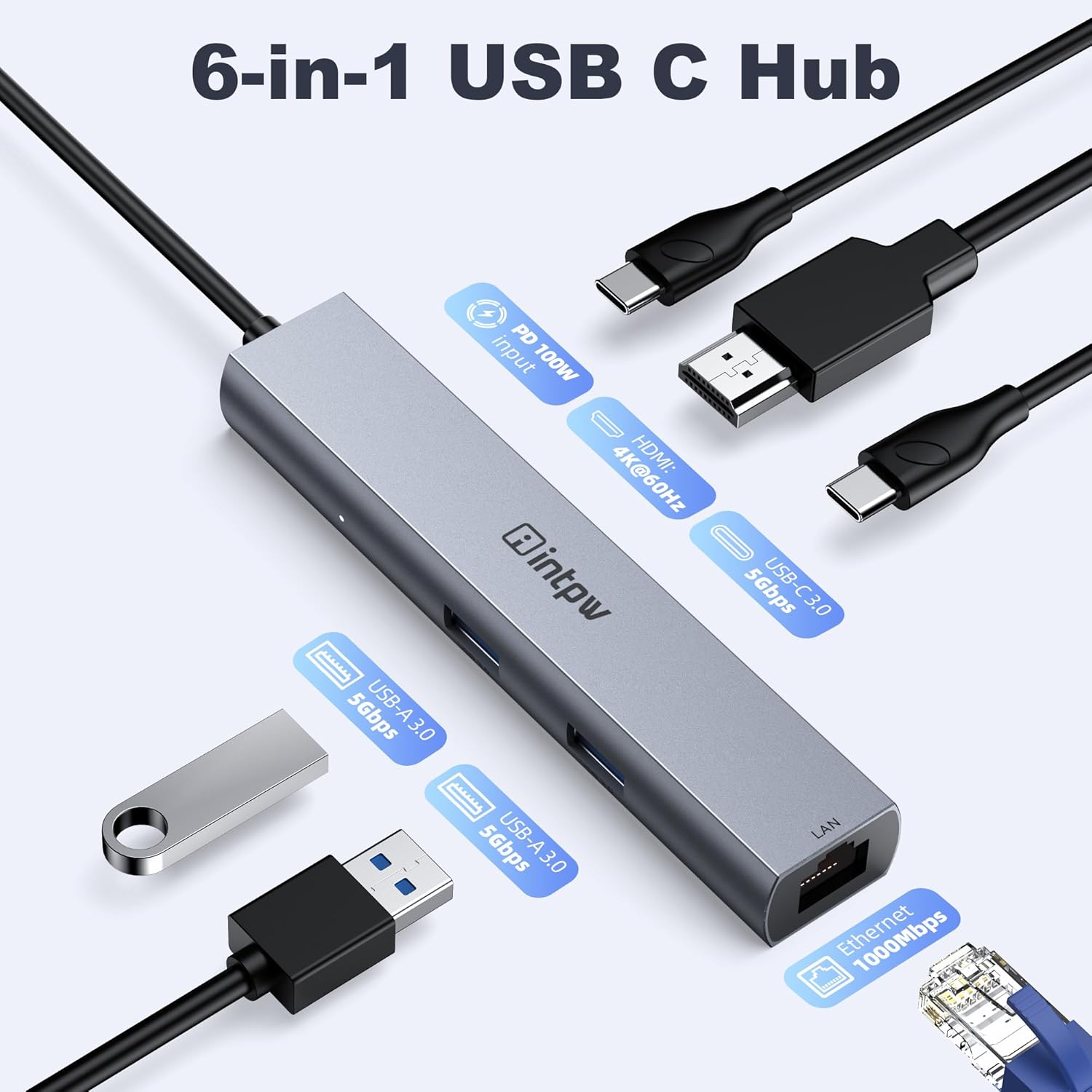 intpw USB C to USB A Hub Splitter 6 Ports 4K HDMI Ethernet PD100W Thunderbolt to USB C Hub Multiport Adapter USB 3.0 5Gbps Type C Hub Extender for Laptop Mac iPad Surface Dell HP and More(1.97FT6in1)