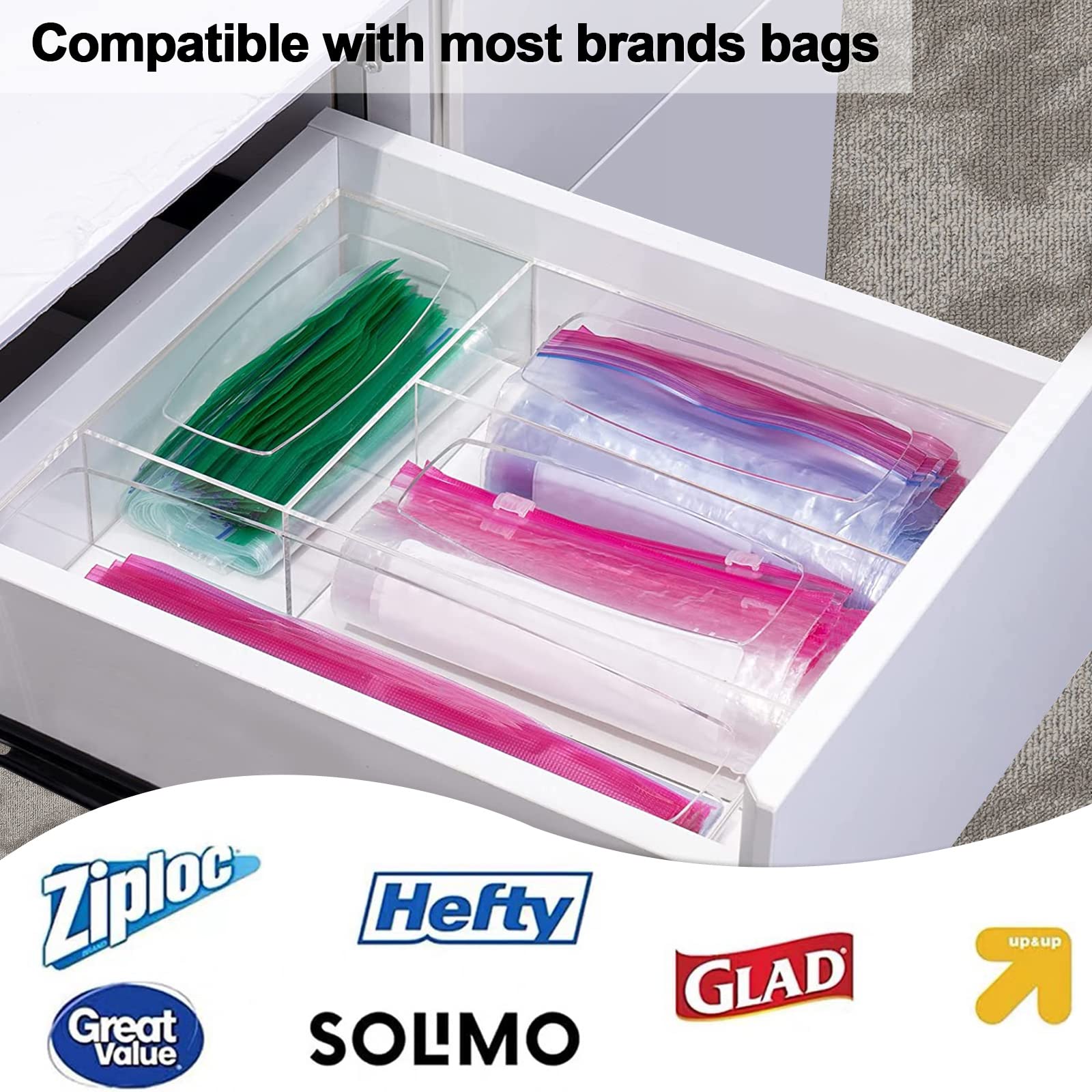 Organizador De Bolsas Ziplock - Caja Dispensadora Transparente Con Tapa, 6 Divisores Ajustables, Para Almacenar Bolsas De Alimentos
