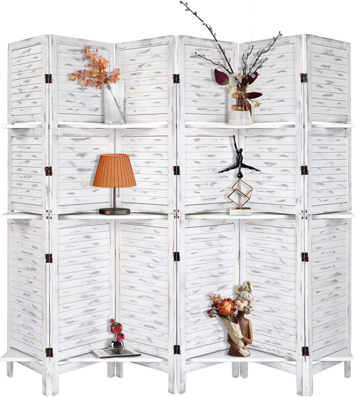 Bonnlo 6 Panels Wood Room Divider with Shelves, 6 FT Height Folding Privacy Screens, Indoor Freestanding Room Partition Wall Divider, Hinged Space Separator (Grey, 6 Panel)