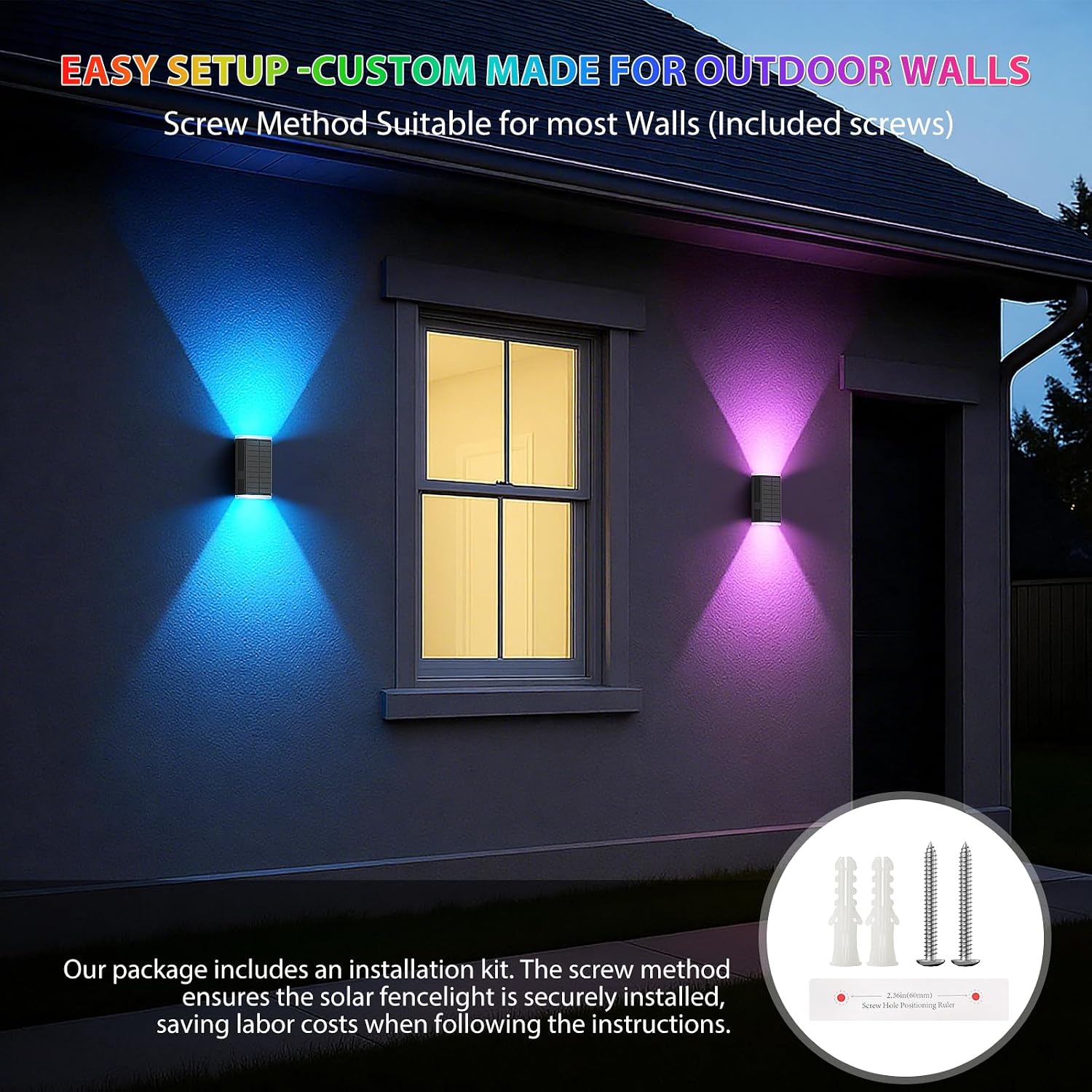 Solar Wall Light Outdoor , RGB & Warm White 8 Modes Dusk to Dawn Lighting Wall Sconce IP67 Waterproof Up and Down Solar Lights Outdoor Front Door Light for House, Garage, Porch, Doorway,Fence (1PACK)