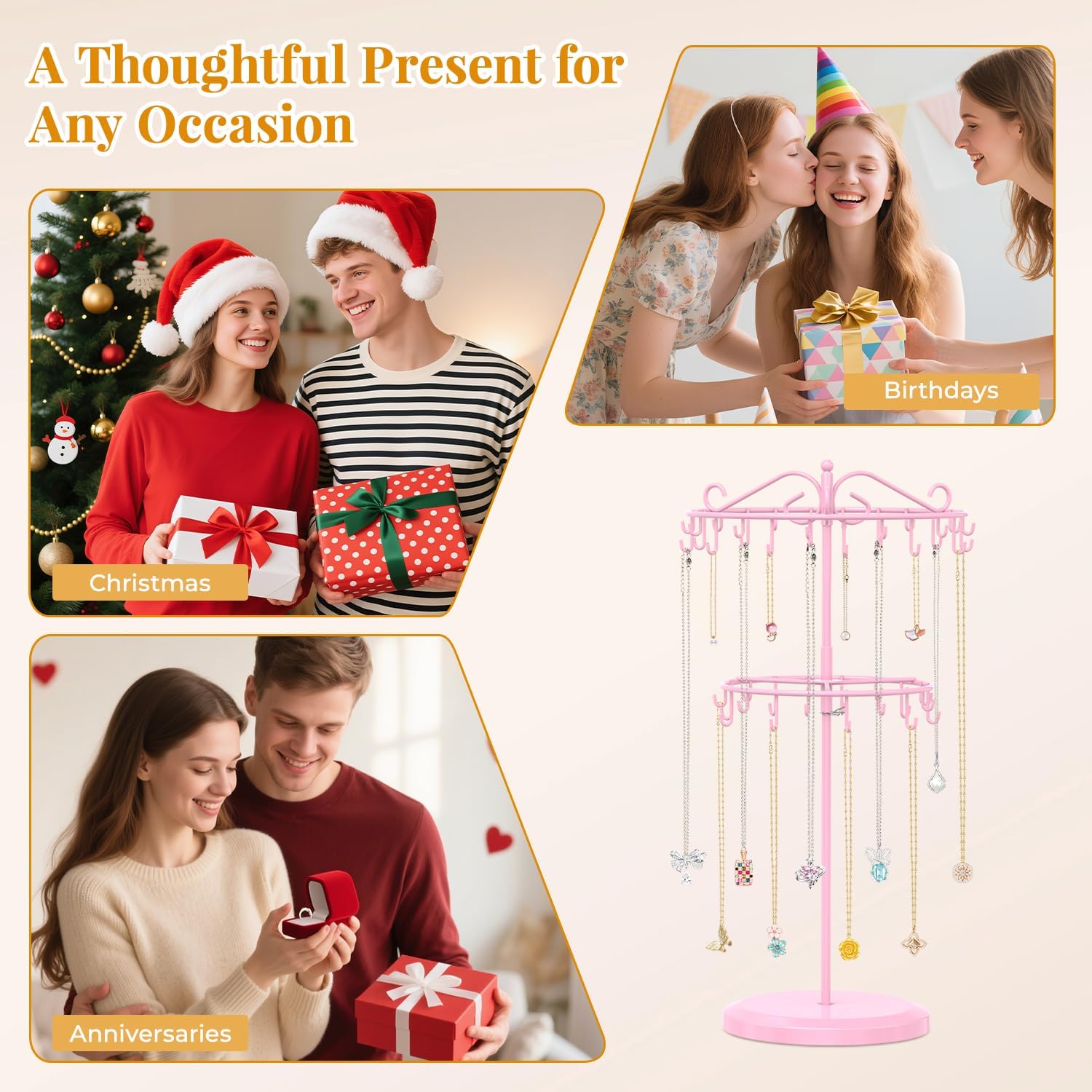 EsLuker.ly Necklace Holder Organizer Rotating Display Stand, 2 Tier Adjustable Height Necklaces Hanger Tree Tower with 42 Hooks, Metal Tall Jewelry Bracelet Storage Rack for Women Vendors Sell, Pink