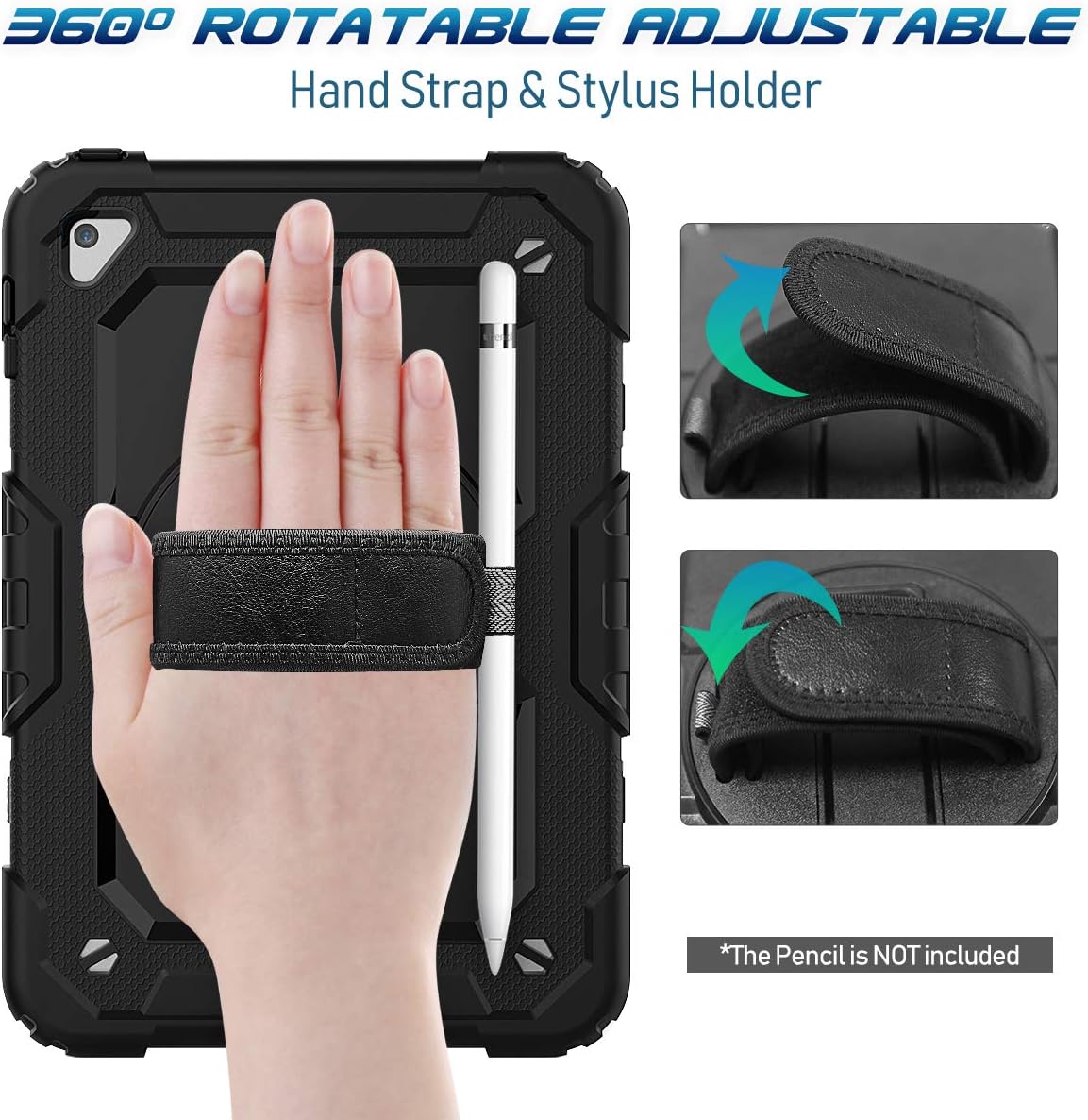 Timecity iPad Mini 5/4 Case with Screen Protector 360 Rotating Stand Handle/Shoulder Strap Pencil Holder, Full-Body Protective Case for iPad Mini 5th/ 4th Generation 7.9 inch Kids Case- Black