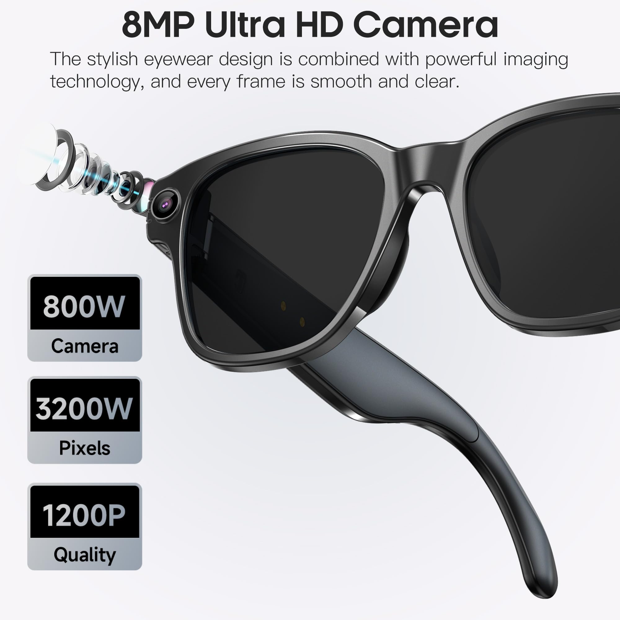 Gafas inteligentes con cámara AI para hombres y mujeres con 8 MP, grabación de video HD 4K/1200P, traducción, asistente de voz GPT, reconocimiento de objetos IA, música/llamada manos libres, batería