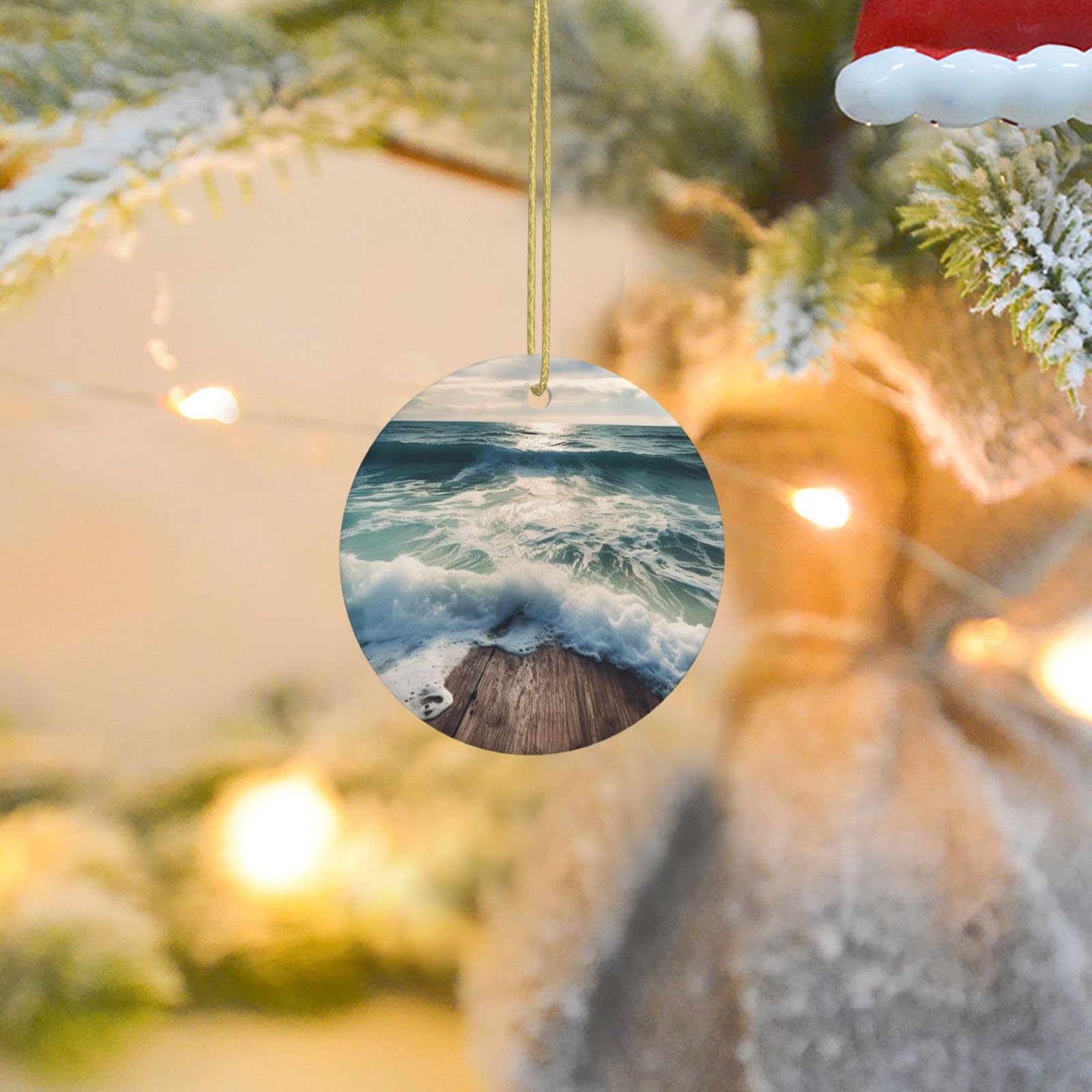 Christmas Tree Ornaments Ceramics Christmas Round Decorations Sea on The Boards Ceramics Ornaments Circle Pentagram Xmas Tree Hanging Pendant for Christmas Tree Party Holiday Home Decor