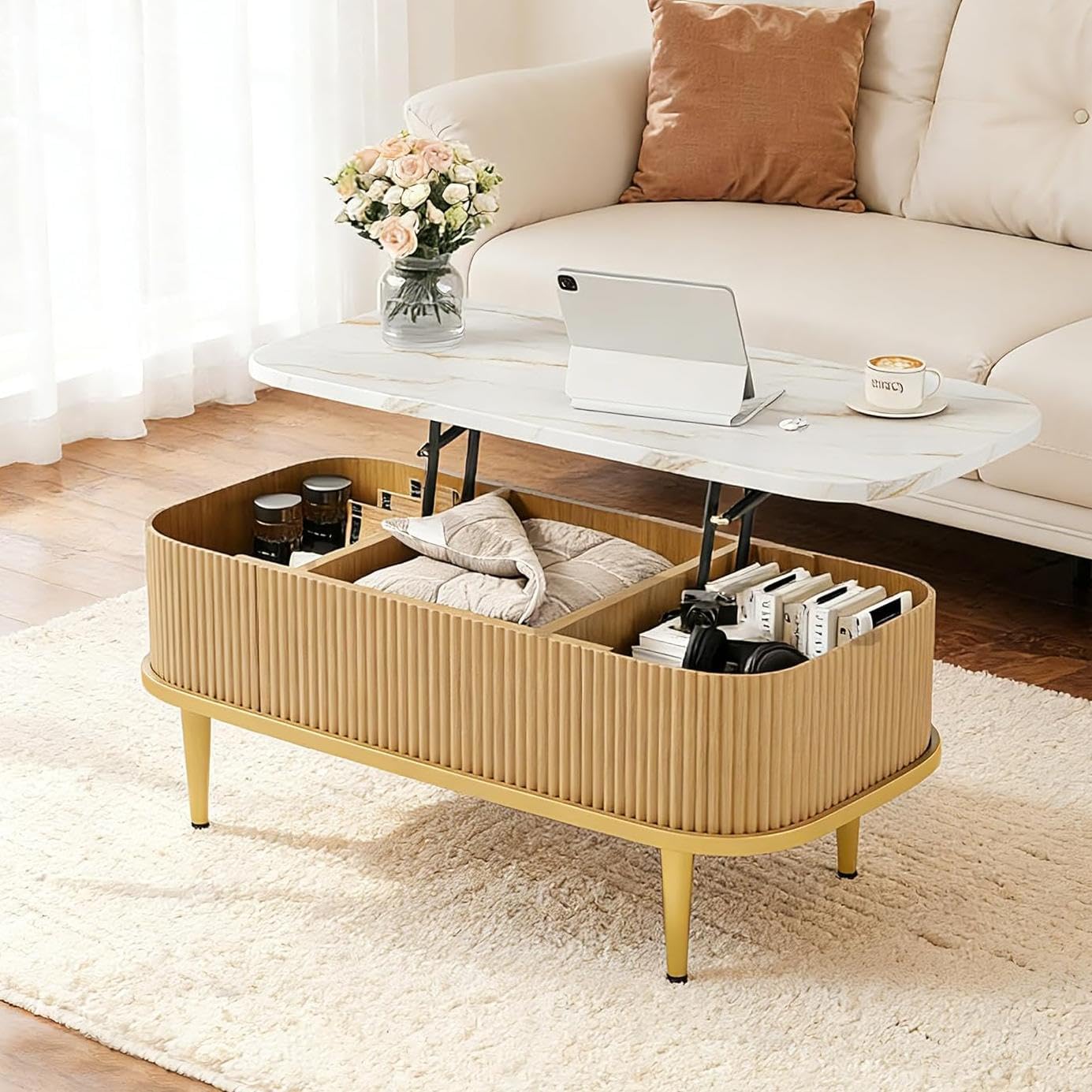 Lift Top Coffee Table for Living Room, Modern Oak Fluted Coffee Table with Hidden Storage, Rectangle Center Table with Faux Marble Flip-Top, Small Dining Table for Home, Office, Natural