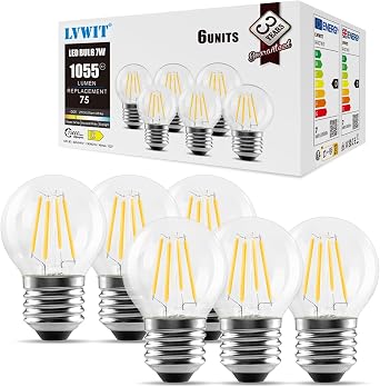 LVWIT 7W E27 Screw Bulb,E27 Led Filament Bulbs,Vintage Light Bulbs 75W Equivalent,1055LM,2700K Super Warm White Golfball Screw Light Bulb,45 * 78MM,220-240V,Non-dimmable6 PCS [Energy Class D]