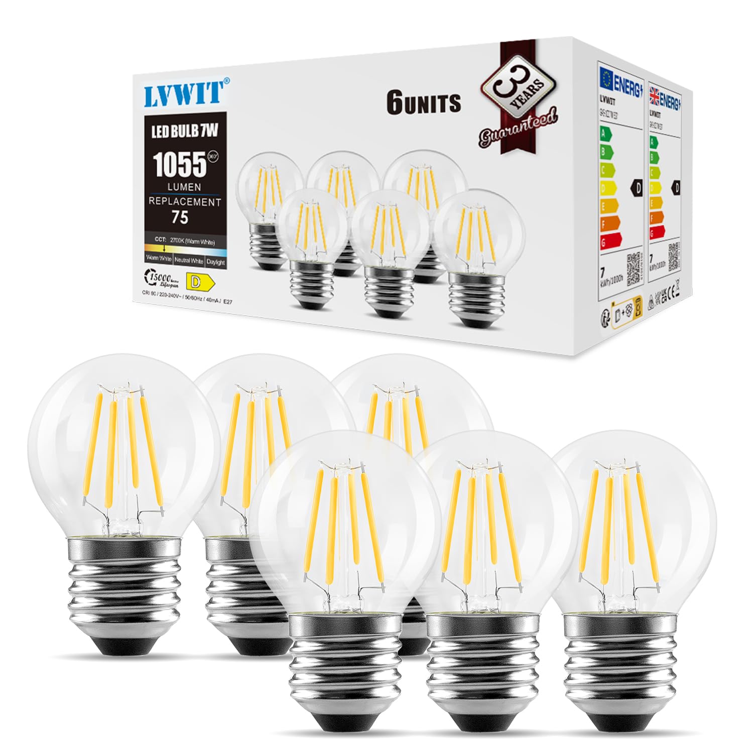LVWIT 7W E27 Edison Vintage Glühbirne G45, Super Hell 1055LM, 2700K Warmweiß, LED Filament Birne ersetzt 75W Glühlampe, nicht dimmbar, 6er Pack (45 * 78mm)