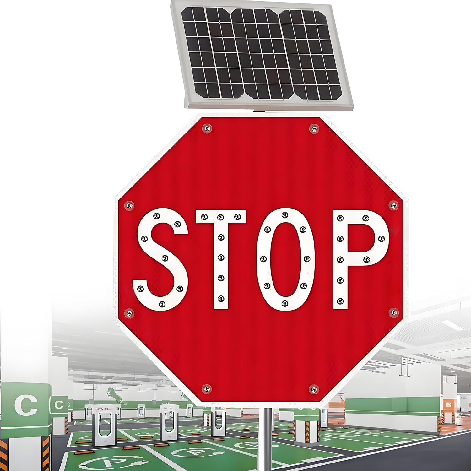 Znak STOP 24"/32" zasilany energią słoneczną, migające znaki drogowe STOP zasilane energią słoneczną, znak dla pieszych, podświetlane znaki drogowe LED 60 * 60cm
