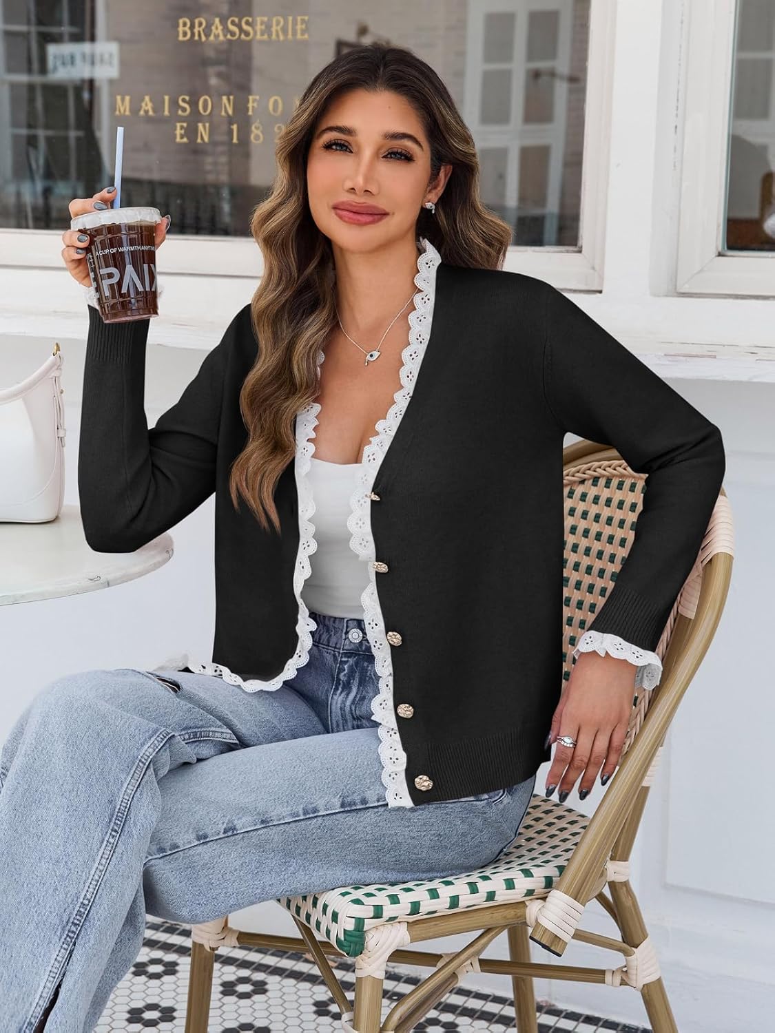 Cicy Bell Womens Lace V Neck Cardigan Sweaters Button Down Long Sleeve Knit Tops Fall Trendy Lightweight Open Front Sweater - Image 5