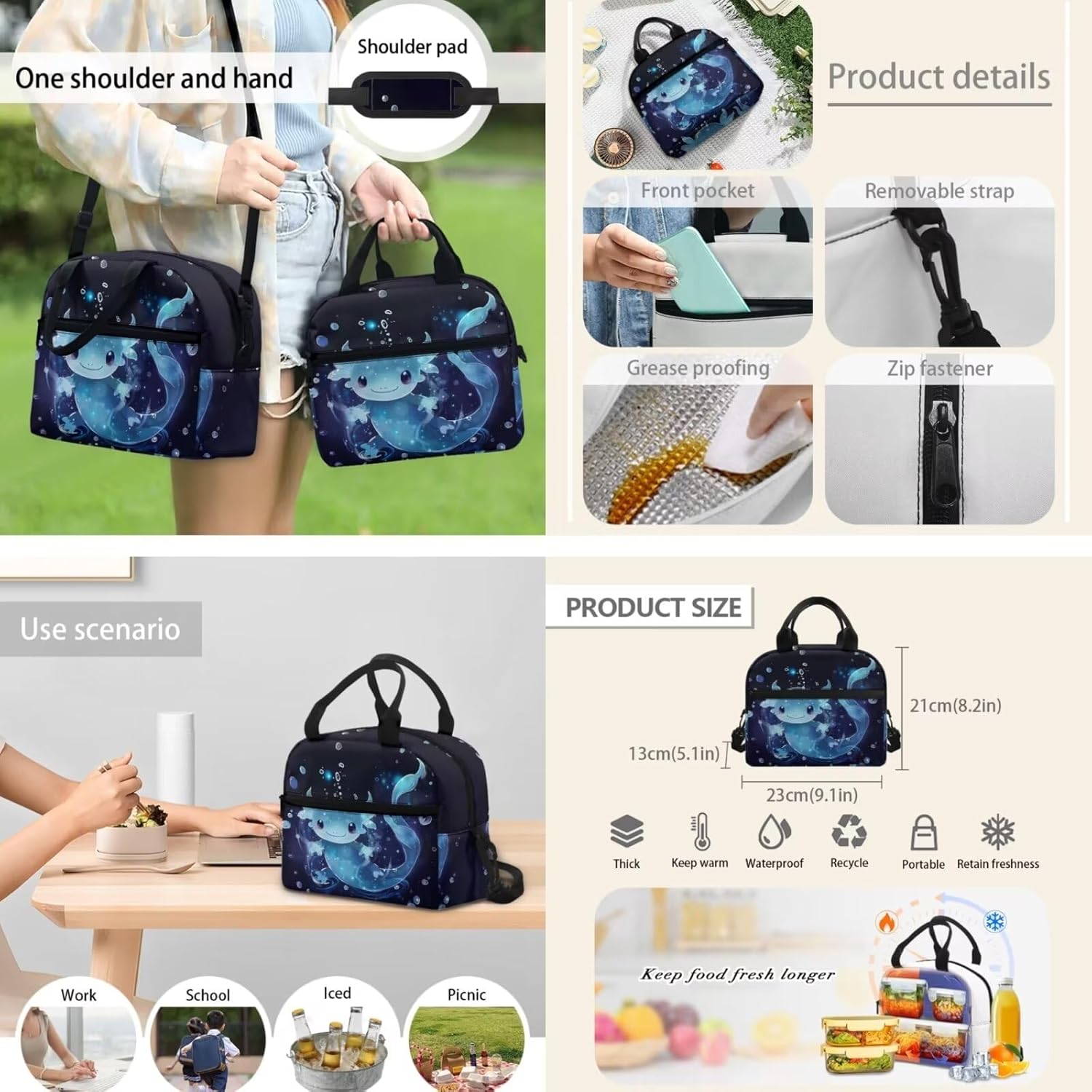 Blue Axolotl Backpack with Lunch Box Kids Girls 6-8/8-10/10-12 Salamander Kids Bookbags for 4th Grade Girls 15 Inch Book Bag Lunchbox Pencil Case Set Elementary School Bag Lunch Bag - Image 5