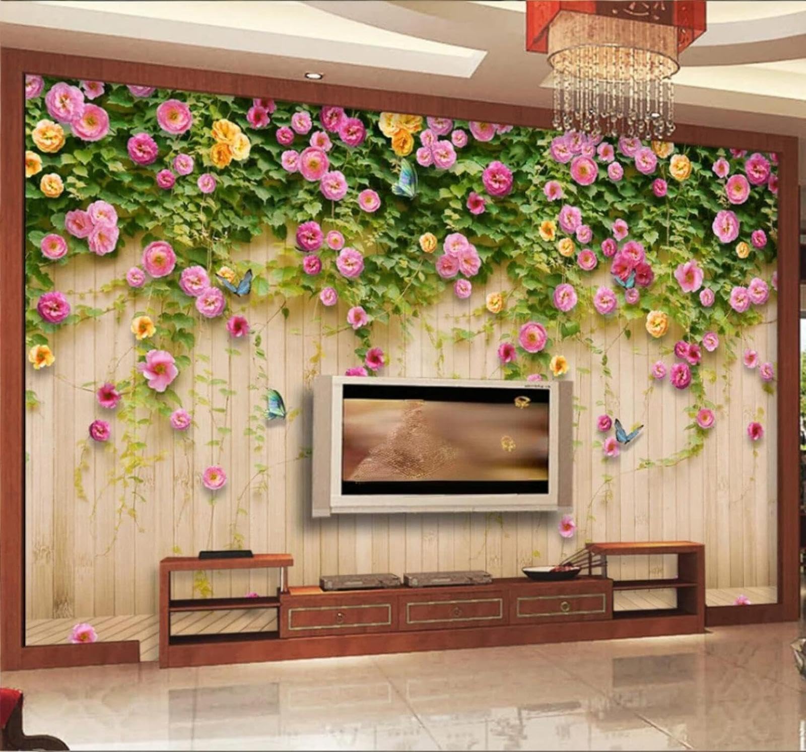 XLMING Green Vines Butterflies Roses Wood Grain 3D Wallpaper Luxury Home Dining Decor Paste Sofa Living Room The Wall for Bedroom Mural-150cm×105cm
