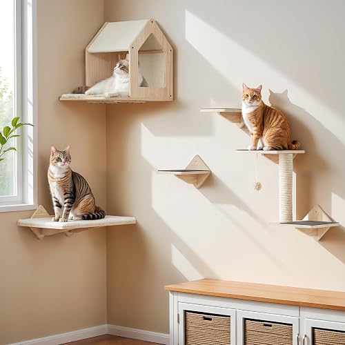 HOOBRO Wood Cat Wall Shelves, Set of 5 Cat Wall Mounted Furniture, Climbing Shelves with House, Steps, Scratching Post, Perch, Sturdy and Anti-Slip, Natural NL43CS03G1
