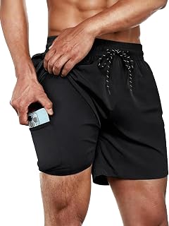 HMIYA Men's 2-in-1 Swimming Trunks, Quick-Drying Short Board Shorts with Compressio…