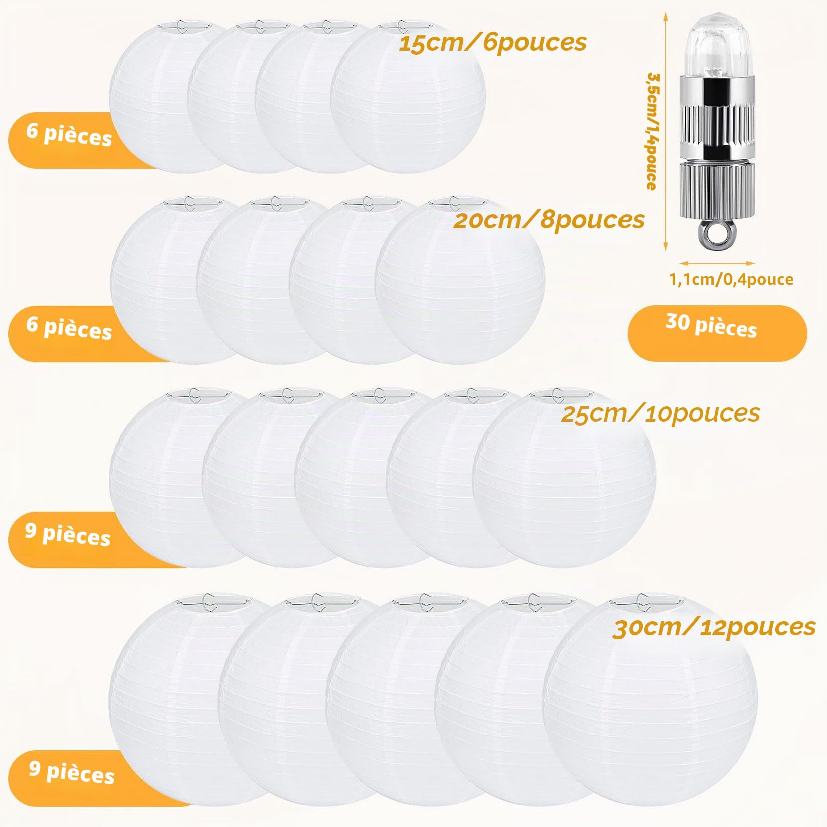 Idota Lot de 30 lampions en papier blanc avec lumières LED, lanternes en papier à suspendre avec 30 mini ballons LED blanc chaud, abat-jour rond en papier pour décoration de mariage, fête dans le